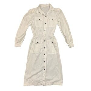 VTG 80s White Button Front Shirt Dress Midi Elastic Waist Pockets‎ Puff Sleeve M